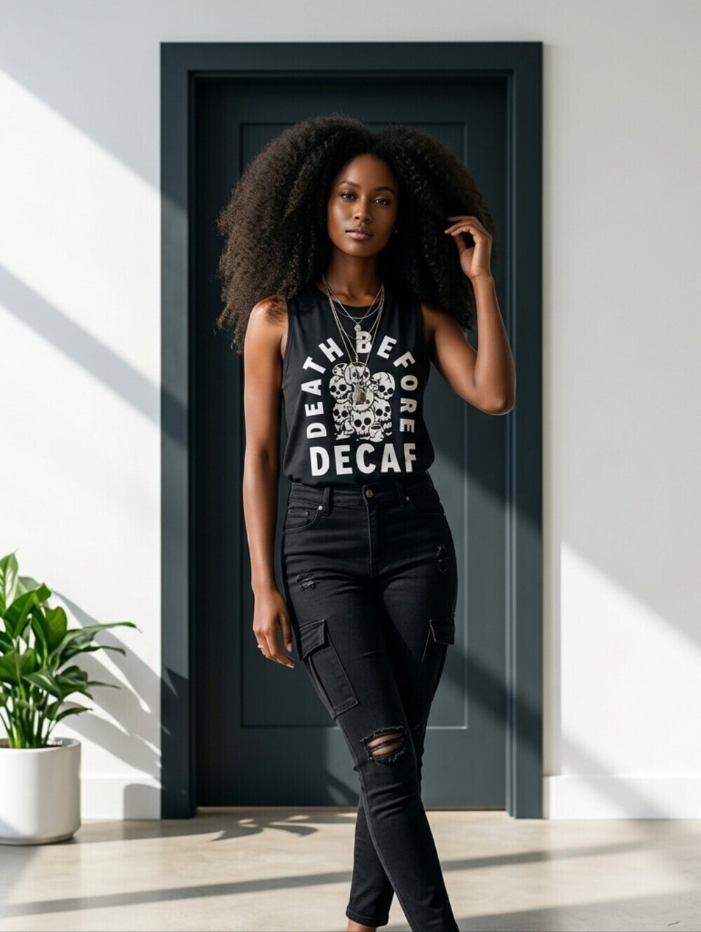 Women's Rare PYKNIQ Punk Grunge Black & White "Death Before Decaf" Tank Top XL
